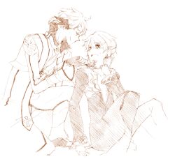 2boys arch_bishop_(ragnarok_online) brown_theme closed_mouth coat commentary_request feet_out_of_frame fingerless_gloves gloves head_wings long_sleeves looking_at_another male_focus monochrome multiple_boys open_mouth pants pointy_ears priest_(ragnarok_online) ragnarok_online sansaro simple_background sketch smile wings
