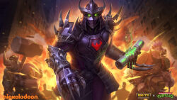 Rule 34 | 3boys, andy timm, armor, bandolier, bebop, belt, chainsaw, claws, face piercing, full armor, glowing, glowing eyes, green eyes, hammer, helmet, highres, holding, holding chainsaw, holding hammer, holding weapon, jewelry, jumpsuit, mask, mohawk, multiple boys, necklace, ninja, nose piercing, nose ring, official art, piercing, pointy nose, purple-framed eyewear, rocksteady, shoulder armor, shredder (tmnt), skull necklace, smite, spikes, super shredder (tmnt), tank top, teenage mutant ninja turtles, tooth necklace, weapon, yellow jumpsuit, yellow tank top