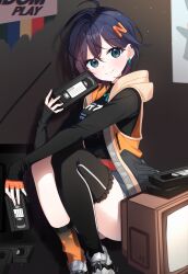 1girl asymmetrical_legwear belle_(zenless_zone_zero) black_shirt black_thighhighs blue_hair crossed_bangs fingerless_gloves frilled_thighhighs frills gloves green_eyes hair_ornament highres holding_cassette jacket letter_hair_ornament long_sleeves looking_at_viewer on_floor open_clothes open_jacket orange_gloves shirt shoes single_glove single_thighhigh sitting sleeveless sleeveless_jacket sleeves_past_wrists socks solo ssolchi thighhighs turtleneck turtleneck_shirt zenless_zone_zero