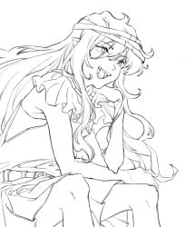 1other androgynous arm_on_own_leg armor belt belt_buckle breastplate bridal_gauntlets buckle cowboy_shot elbow_on_arm epaulettes eyelashes fangs hair_between_eyes hakama hakama_short_skirt hakama_skirt hand_on_own_chin highres japanese_clothes jishixingle1029 knees leaning_forward len&#039;en long_hair looking_ahead maid_headdress messy_hair open_mouth other_focus pointy_ears sidelocks simple_background single_bare_arm single_bridal_gauntlet sitting skirt slit_pupils smile solo taira_no_fumikado tank_top very_long_hair wavy_hair white_background