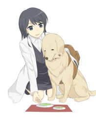 1girl 1other ambiguous_gender animal backpack bag black_hair black_jacket black_shoes black_skirt blue_eyes brown_bag coat collared_shirt commentary dog food formal_clothes full_body golden_retriever jack-barro jacket kihara_noukan kihara_yuiitsu kneeling lab_coat light_smile long_hair long_sleeves looking_at_another miniskirt open_clothes open_coat open_mouth pencil_skirt shirt shoes simple_background sitting skirt skirt_suit smile suit toaru_majutsu_no_index toaru_majutsu_no_index:_new_testament white_background white_coat white_shirt