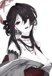 1girl bare_shoulders black_hair blue_archive breasts cleavage goth_fashion grey_kimono hair_ornament hair_stick halo highres japanese_clothes kawatiw kimono kokuriko_(blue_archive) large_breasts long_hair long_sleeves obi red_eyes red_halo sash solo