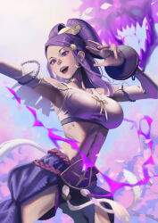 Rule 34 | 1girl, absurdres, bare shoulders, breasts, cleavage, comb, earrings, fire emblem, fire emblem fates, hair ornament, hair stick, hairpods, hand fan, highres, japanese clothes, jewelry, looking at viewer, midriff, nintendo, orochi (fire emblem), purple eyes, purple hair, shoko (pixiv 74769700), solo
