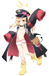 1girl black_coat black_hat black_ribbon black_tail blonde_hair blue_archive boots bow bow_panties coat demon_girl demon_tail flat_chest full_body halo hat heart heart_panties heart_print highres ibuki_(blue_archive) loli long_sleeves looking_at_viewer military_hat navel nipples one_side_up paid_reward_available panties peaked_cap print_panties ribbon shokupan_(slvk12) simple_background sleeves_past_wrists solo standing tail underwear white_background white_panties yellow_boots yellow_eyes yellow_halo