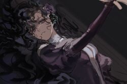 1girl black_background black_hair dress flower hair_flower hair_ornament hair_spread_out hand_up ing_(ing205509) isolde_(reverse:1999) juliet_sleeves long_sleeves looking_at_viewer lying on_back puffy_sleeves purple_dress purple_eyes purple_flower purple_rose reverse:1999 rose solo upper_body wavy_hair