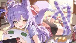 1girl :3 :d absurdres animal_ear_fluff antenna_hair bike_shorts blue_eyes cone_hair_bun fang fox_girl fox_tail hair_bun hair_ornament hair_rings halko_(halonakoma9) heterochromia highres long_hair looking_at_viewer lying on_stomach open_mouth pom_pom_(clothes) pom_pom_hair_ornament purple_hair purple_tail short_sleeves smile solo stellive tail tenko_shibuki two-tone_tail virtual_youtuber yellow_eyes