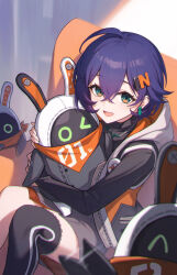 1girl absurdres bangboo_(zenless_zone_zero) belle_(zenless_zone_zero) black_shirt black_thighhighs blue_hair couch earrings eous_(zenless_zone_zero) green_eyes hair_between_eyes hair_ornament highres hugging_object jacket jewelry long_sleeves looking_at_viewer on_couch open_mouth shali shirt short_hair single_thighhigh sitting smile thighhighs zenless_zone_zero