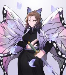 Rule 34 | 1girl, aerith gainsborough, belt, belt buckle, black jacket, black pants, blue butterfly, brown hair, buckle, bug, butterfly, buttons, cosplay, final fantasy, final fantasy vii, grey background, haori, holding, holding weapon, insect, jacket, japanese clothes, katana, kochou shinobu, kochou shinobu (cosplay), kyou (iuciferic), pants, parted bangs, ringlets, sidelocks, solo, square enix, sword, weapon, white belt, wide sleeves, yellow eyes