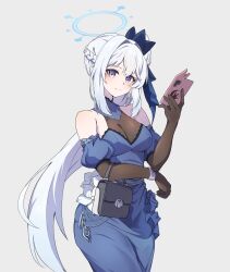 1girl alternate_costume blue_archive blue_dress breasts cleavage clov3r dress grey_background highres holding long_hair miyako_(blue_archive) phone purple_eyes see-through_cleavage see-through_clothes simple_background smile solo white_hair