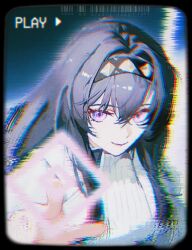Rule 34 | 1girl, arcticwhereami, arknights, black hair, black hairband, chromatic aberration, closed mouth, coat, crt, diamond-shaped pupils, diamond (shape), english text, hairband, lab coat, long hair, looking at viewer, monitor, open clothes, open coat, pointing, pointing at viewer, poking, priestess (arknights), purple eyes, reaching, reaching towards viewer, screen, shirt, solo focus, sweater, symbol-shaped pupils, turtleneck, turtleneck sweater, white coat, white sweater