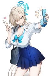 1girl asuna_(blue_archive) asuna_(school_uniform)_(blue_archive) bag blonde_hair blue_archive blue_eyes blue_halo blue_skirt breasts choker cleavage collarbone grin hair_over_one_eye hair_ribbon halo highres holding holding_phone large_breasts long_hair ninshi one_eye_closed phone pleated_skirt ribbon school_bag selfie shirt skirt sleeves_rolled_up smile solo thighs v very_long_hair white_shirt