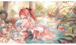 1girl ahoge bare_shoulders black_bow bow braid breasts changli_(laurel_nymph)_(wuthering_waves) changli_(wuthering_waves) chinese_commentary colored_extremities commentary_request cup dress drinking_glass feather_hair food from_side hair_bow hair_extensions highres kuuus large_breasts long_hair looking_at_viewer official_alternate_costume pink_hair ponytail red_hands ring_hair_extensions solo twin_braids very_long_hair white_dress white_hair wuthering_waves yellow_eyes