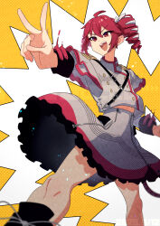 1girl ahoge belt black_belt black_boots black_skirt black_sleeve_cuffs boots bow buttons double-breasted double-parted_bangs drill_hair fin_gocco grey_jacket grey_skirt hair_between_eyes hair_bow hand_up highres jacket kasane_teto kasane_teto_(sv) lace-up_boots layered_skirt layered_sleeves legs_apart long_sleeves looking_ahead open_mouth polka_dot polka_dot_background red_eyes red_hair red_trim shoulder_belt shoulder_boards shouting_with_hands simple_background skirt sleeve_cuffs solo standing synthesizer_v twin_drills upper_body utau v white_bow yellow_background