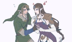 Rule 34 | 1boy, 1girl, blonde hair, blue gemstone, braid, breasts, brown gloves, brown hair, cleavage, crown, dress, elbow gloves, fingerless gloves, gem, gloves, green hat, green tunic, grey pants, grey shirt, hat, kurokawa karasu, light blush, link, long hair, medium breasts, nintendo, pants, parted bangs, parted lips, pointy ears, princess zelda, purple dress, shirt, short hair, sidelocks, single braid, sweatdrop, the legend of zelda, the legend of zelda: twilight princess, tunic, upper body, white background, white gloves