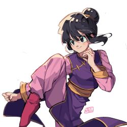 Rule 34 | 1girl, artist name, chi-chi (dragon ball), china dress, chinese clothes, chinese hairstyle, clenched hand, commission, dragon ball, dragonball z, dress, fighting stance, hair tie, highres, ko-fi commission, leg up, light blush, looking ahead, meteorstaar, simple background, smile, tagme, v-shaped eyebrows, white background