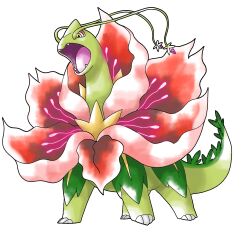 claws creatures_(company) fakemon fangs full_body game_freak gen_2_pokemon highres looking_down mega_pokemon_(other) meganium mercuryball_arts nintendo no_humans open_mouth original pokemon pokemon_(creature) pokemon_focus solo standing tongue transparent_background yellow_eyes