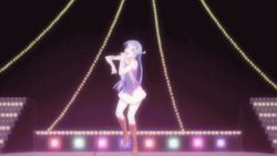 00s 1girl ;d animated animated_gif anime_screenshot blue_hair blunt_bangs dancing female_focus hairband kannagi long_hair lowres microphone music nagi one_eye_closed open_mouth pleated_skirt purple_eyes singing skirt smile solo stage white_skirt wink winking_(animated)