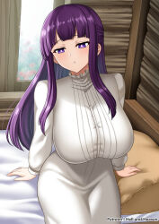1girl :t artist_name breasts bright_pupils buttons dress fern_(sousou_no_frieren) hellandheaven highres huge_breasts indoors long_hair on_bed patreon_username pillow purple_eyes purple_hair sidelocks solo sousou_no_frieren white_dress white_pupils window