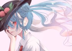 1girl alternate_costume black_hat collared_shirt double_bun hair_bun hand_on_own_cheek hand_on_own_face hat hat_ornament highres hinanawi_tenshi kararage_tsune leaf_hat_ornament necktie peach_hat_ornament red_necktie shirt simple_background solo tongue tongue_out touhou upper_body white_background white_shirt