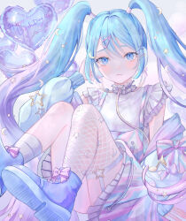 Rule 34 | 1girl, absurdres, anniversary, balloon, blue eyes, blue hair, bow, commentary, crescent, crescent hair ornament, english commentary, fishnet thighhighs, fishnets, food-themed hair ornament, frilled shirt, frills, gradient hair, hair between eyes, hair ornament, hairclip, happy birthday, hatsune miku, heart balloon, highres, long hair, looking at viewer, multicolored hair, multicolored skirt, musical note, pink bow, powa (36iii), purple hair, purple shoes, shirt, shoes, single fishnet legwear, single sock, single thighhigh, skirt, socks, solo, spring onion hair ornament, star (symbol), star hair ornament, thighhighs, twintails, very long hair, vocaloid, white shirt, white socks, white thighhighs