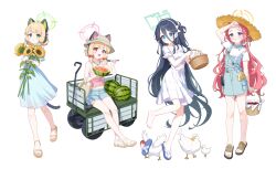 4girls absurdres alternate_costume animal_ear_headphones animal_ears aris_(blue_archive) barefoot basket bird blonde_hair blue_archive blue_bow blue_dress blue_eyes blue_sandals blue_shorts blunt_bangs blush bow breasts brown_hat cat_ear_headphones chicken closed_mouth dress egg fake_animal_ears flower food forehead fruit goose green_eyes hair_between_eyes hair_bow hairband halo hat headphones highres holding holding_basket holding_flower holding_food holding_fruit holding_spoon holding_watermelon long_hair looking_at_viewer medium_hair midori_(blue_archive) midriff momoi_(blue_archive) multiple_girls one_side_up open_mouth pink_bow pink_eyes pink_tank_top purple_eyes red_hair sandals shirt short_shorts short_sleeves shorts sidelocks sitting skirt smile spoon straw_hat sunflower supersugar sweatdrop tank_top toes tomato utility_wagon watermelon white_background white_dress white_hairband white_sandals white_shirt yellow_sandals yuzu_(blue_archive)