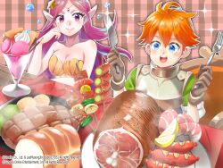 1boy 1girl armor bikini blue_eyes blush bread breastplate breasts brown_gloves cleavage closed_mouth commentary_request food food_focus fork fruit gingham_background gloves green_shirt hair_ornament highres holding holding_fork holding_knife ice_cream knife large_breasts lemon lemon_slice long_hair looking_at_another meat novice_(ragnarok_online) obeaune open_mouth orange_hair parfait pink_background plate pocky pointy_ears purple_eyes purple_hair ragnarok_online sausage shell shell_bikini shirt short_hair short_sleeves shrimp skewer smile sparkle star_(symbol) star_hair_ornament sugata_ubo swimsuit upper_body whipped_cream
