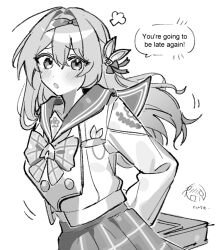 1girl :o arm_behind_back blush bow bowtie checkered_bow checkered_bowtie checkered_clothes checkered_skirt emne english_text firefly_(honkai:_star_rail) firefly_(spring_missive)_(honkai:_star_rail) grey_bow grey_bowtie grey_hair grey_sailor_collar greyscale hair_between_eyes hair_intakes hair_ornament hair_ribbon hairband honkai:_star_rail honkai_(series) monochrome open_mouth pleated_skirt ribbon sailor_collar simple_background skirt solo speech_bubble white_background