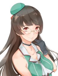 Rule 34 | 1girl, bare shoulders, beret, black gloves, black hair, breasts, choker, choukai (kancolle), choukai kai ni (kancolle), female focus, glasses, gloves, hat, kantai collection, large breasts, long hair, looking at viewer, red eyes, rimless eyewear, simple background, sleeveless, smile, solo, upper body, white background, yamaioni (sasakama)