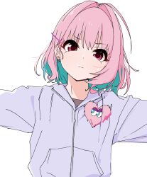 Rule 34 | 1girl, ahoge, aqua hair, closed mouth, drawstring, earrings, hair intakes, hair ornament, hairclip, highres, hood, hood down, hoodie, idolmaster, idolmaster cinderella girls, jewelry, kakki (kackie), medium hair, multicolored hair, outstretched arms, pink eyes, pink hair, shirt, simple background, solo, sweatdrop, two-tone hair, white background, yumemi riamu