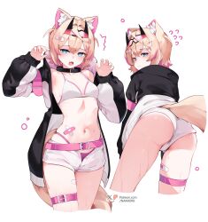 1girl absurdres alternate_costume animal_ear_fluff animal_ears ass bandaid bandaid_hair_ornament belt bikini bikini_under_shorts black_collar black_jacket blonde_hair blue_eyes breasts claw_pose collar commentary cropped_legs crossed_bangs dog_ears dog_girl dog_tail double-parted_bangs hair_between_eyes hair_intakes hair_ornament hairband hands_up highleg highleg_bikini highres hololive hololive_english horn_hairband jacket looking_at_viewer mococo_abyssgard multicolored_hair multiple_views namiorii navel open_fly open_mouth pink_belt pink_hair pink_hairband short_hair short_shorts shorts simple_background small_breasts streaked_hair swimsuit symbol-only_commentary tail thigh_belt thigh_strap two_side_up virtual_youtuber white_background white_bikini x_hair_ornament