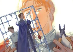 Rule 34 | 2boys, absurdres, age comparison, ascot, black jacket, blue cape, blue eyes, brown eyes, brown hair, cape, closed mouth, collared shirt, ginga eiyuu densetsu, heart (organ), heterochromia, highres, holding, holding pliers, jacket, long sleeves, male focus, mikorei love, multiple boys, orange hair, oskar von reuenthal, parted lips, pliers, red cape, shirt, shirt tucked in, simple background, white ascot, white background, white shirt, wolfgang mittermeyer