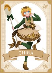 1girl :3 :d absurdres aqua_eyes blonde_hair blue_eyes blush bow brown_bow brown_dress brown_shoes closed_mouth dress green_pants green_shirt high_heels highres hirayama_kanna holding holding_spoon horns long_sleeves looking_at_viewer memcho multicolored_hair necktie official_art open_mouth oshi_no_ko pants peanut plant_hair roots_(hair) shirt shoes short_hair simple_background smile solo spoon tongue tongue_out white_background yellow_necktie
