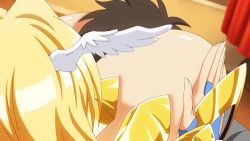 1boy 1girl animated animated_gif between_breasts blonde_hair bouncing_breasts breast_smother breasts bursting_breasts face_to_breasts gigantic_breasts head_between_breasts long_hair lowres nanatsu_no_bitoku sariel_(nanatsu_no_bitoku)