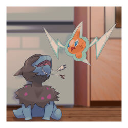 Rule 34 | blue eyes, blurry, blurry background, border, cable, commentary request, deino (pokemon), electric plug, frown, gen 4 pokemon, gen 5 pokemon, head back, indoors, mimimibomboo, nintendo, no humans, open mouth, pokemon, pokemon (creature), rotom, rotom (normal), sitting, sweat, tongue, white border