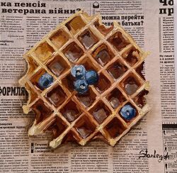 Rule 34 | absurdres, blueberry, food, food focus, fruit, highres, julia stankevych, maple syrup, newspaper, no humans, oil painting (medium), original, painting (medium), realistic, signature, still life, traditional media, waffle, wall of text
