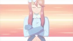 1girl animated blue_eyes breasts crop_top dark-skinned_female dark_skin english_text gloves jmarcosart large_breasts long_hair long_sleeves nintendo poke_ball pokemon pokemon_bw puerto_rican_flag red_hair shorts skyla_(pokemon) tagme video