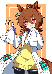 1girl absurdres agnes_tachyon_(umamusume) animal_ears artist_name black_pantyhose blush border brown_hair brown_tail buttons coat commentary_request cowboy_shot ear_ornament eyes_visible_through_hair hair_between_eyes hands_up hendra highres holding holding_vial horse_ears horse_girl horse_tail lab_coat looking_at_viewer medium_hair no_pupils notice_lines open_clothes open_coat orange_background outside_border oversized_clothes pantyhose pink_eyes signature simple_background sleeves_past_fingers sleeves_past_wrists smile solo standing sweater tail umamusume unbuttoned vial white_border white_coat yellow_sweater