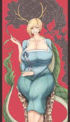 absurdres alternate_breast_size antlers asymmetrical_hair blonde_hair blue_bow blue_shirt blue_skirt bow breasts cleavage collarbone curvy dragon_girl dragon_horns dragon_tail elun_(meido) facing_viewer fangs fur-tipped_tail green_scales green_tail highres holding holding_smoking_pipe horns huge_breasts kicchou_yachie kicchou_yachie_(jidiao) kiseru long_sleeves open_mouth red_background red_eyes shirt short_hair sitting skirt skull smoke smoking_pipe square_neckline tail touhou yellow_horns