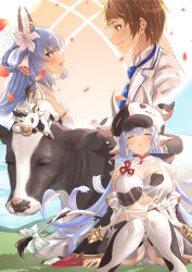 1boy 1girl animal_ears animal_print blue_hair blush breasts brown_hair catura_(granblue_fantasy) closed_eyes colorized cow cow_ears cow_print draph dreaming dress earrings gran_(granblue_fantasy) granblue_fantasy highres horns jewelry large_breasts long_hair open_mouth peru ribbon see-through_clothes see-through_sleeves short_hair sleeping smile tagme wedding_dress
