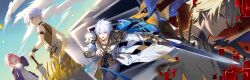 Rule 34 | absurdres, age comparison, armor, black choker, blonde hair, blue cape, blue eyes, cape, choker, cloud, cloudy sky, coat, cyrene (honkai: star rail), dawnmaker (honkai: star rail), dress, hair ornament, highres, holding, holding sword, holding weapon, honkai: star rail, honkai (series), open mouth, outdoors, phainon (honkai: star rail), phainon (khaslana) (honkai: star rail), pink hair, purple coat, shoulder armor, side cape, sky, sword, tattoo, teeth, weapon, wheat field, white dress, white hair, yan huai an