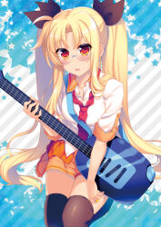 Rule 34 | 1girl, absurdres, black thighhighs, blonde hair, breasts, collarbone, cosplay, fate testarossa, glasses, guitar, hair ribbon, highres, instrument, long hair, looking at viewer, lyrical nanoha, mahou shoujo lyrical nanoha strikers, medium breasts, miniskirt, open mouth, raiou, red eyes, retoree (show by rock!!), retoree (show by rock!!) (cosplay), ribbon, school uniform, show by rock!!, skirt, solo, thighhighs, twintails
