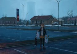 1girl absurdres animal bag black_coat black_pantyhose black_shirt brown_eyes brown_hair brown_skirt building car cat coat commentary_request evening female_focus fence garage gas_station grocery_bag hair_ornament hairclip highres holding holding_bag jacket lamppost long_sleeves looking_down motor_vehicle nuclear_reactor open_clothes open_jacket original outdoors pantyhose parking_lot plastic_bag road scenery shion_(mirudakemann) shirt shoes shopping_bag short_hair silhouette skirt smile sneakers snow solo spring_onion standing street striped_clothes striped_shirt tree white_shirt winter
