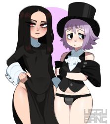 2others androgynous ascot averting_eyes bags_under_eyes bare_shoulders black_eyeshadow black_hair black_hat black_panties black_sleeves black_vest choppy_bangs cosplay costume_switch covered_navel cowboy_shot crona_(soul_eater) cropped_vest cuff_links detached_sleeves eyeshadow fingerless_gloves furrowed_brow gloves guilty_gear guilty_gear_strive half-closed_eyes hand_on_own_arm hand_on_own_hip hat highres holding_own_arm light_frown long_hair looking_at_viewer looking_to_the_side makeup multiple_others other_focus panties pear_shaped_figure purple_hair red_eyes short_hair side_slit soul_eater testament_(guilty_gear) thighs top_hat uggu_bang underwear vest white_ascot white_sleeve_cuffs