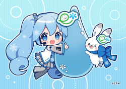 Rule 34 | 1girl, :d, bare shoulders, binchou maguro, blue background, blue eyes, blue hair, blue necktie, blush, boots, chibi, chibi only, commentary request, copyright notice, detached sleeves, full body, grey boots, grey skirt, grey sleeves, hatsune miku, headset, long hair, looking at viewer, necktie, official art, open mouth, pleated skirt, print necktie, rabbit yukine, shirt, skirt, sleeveless, sleeveless shirt, smile, snowflake print, thigh boots, tie clip, twintails, very long hair, vocaloid, white shirt, yuki miku, yuki miku (2010)