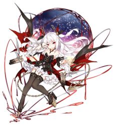 1girl anchor azur_lane bare_shoulders bat_wings blush bracelet breasts choker detached_sleeves dress fang female_focus floating_hair frilled_dress frills full_body hair_between_eyes hair_ribbon hand_up jewelry logo long_hair looking_at_viewer multicolored_dress official_alternate_costume official_art open_mouth platform_footwear red_eyes ribbon rigging ring rudder_footwear saru silver_hair small_breasts smile solo standing standing_on_one_leg thighhighs torpedo_launcher transparent_background two_side_up vampire_(azur_lane) vampire_(night_princess&#039;s_regalia)_(azur_lane) very_long_hair watermark weibo_watermark wings