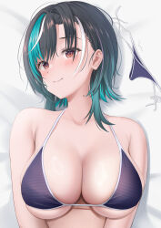 1girl absurdres aqua_hair armpit_crease bed_sheet bikini black_hair blue_bikini braid braided_bangs breasts brown_eyes cleavage closed_mouth colored_inner_hair commentary halterneck highres hololive large_breasts looking_at_viewer lying medium_hair multicolored_hair on_back purple_hair rindo_chihaya seriponpoyon smile solo streaked_hair swept_bangs swimsuit unworn_bikini_bottom upper_body virtual_youtuber white_hair