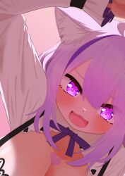 1girl :3 :d ahoge animal_ear_fluff animal_ears breasts cat_ears cat_girl cleavage cleavage_cutout clothing_cutout commentary_request fang hair_between_eyes happyundergate highres hololive huge_breasts long_sleeves looking_at_viewer medium_hair nekomata_okayu nekomata_okayu_(wonderland) official_alternate_costume open_mouth pink_hair purple_eyes purple_hair single_hair_streak smile solo virtual_youtuber