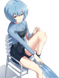 1girl absurdres adjusting_footwear ayanami_rei black_wetsuit blue_hair bodysuit breasts chair commission diving_suit feet_on_chair flippers highres knee_up legs looking_at_viewer neon_genesis_evangelion pixiv_commission red_eyes short_hair sitting small_breasts solo springsuit strap tsutarou two-tone_bodysuit wetsuit white_background