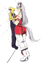 1boy 1girl absurdres animal_ears boots bow box_wonderland breasts dress ear_ribbon full_body gold_ship_(umamusume) highres horse_ears horse_girl horse_tail large_breasts lifting_person long_hair looking_at_another pantyhose shoes simple_background sleeveless sleeveless_dress standing t-head_trainer_(umamusume) tail trainer_(umamusume) umamusume white_background white_hair