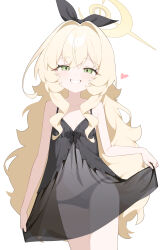 1girl absurdres alternate_costume bare_shoulders black_nightgown black_panties black_ribbon blonde_hair blue_archive blush camisole camisole_lift clothes_lift covered_navel flat_chest green_eyes hair_ribbon halo heart highres honi_(honi1010) loli long_hair looking_at_viewer navel nightgown panties professor_niyaniya_(blue_archive) ribbon see-through_clothes simple_background smile smug solo teeth thighs underwear very_long_hair wavy_hair white_background yellow_halo
